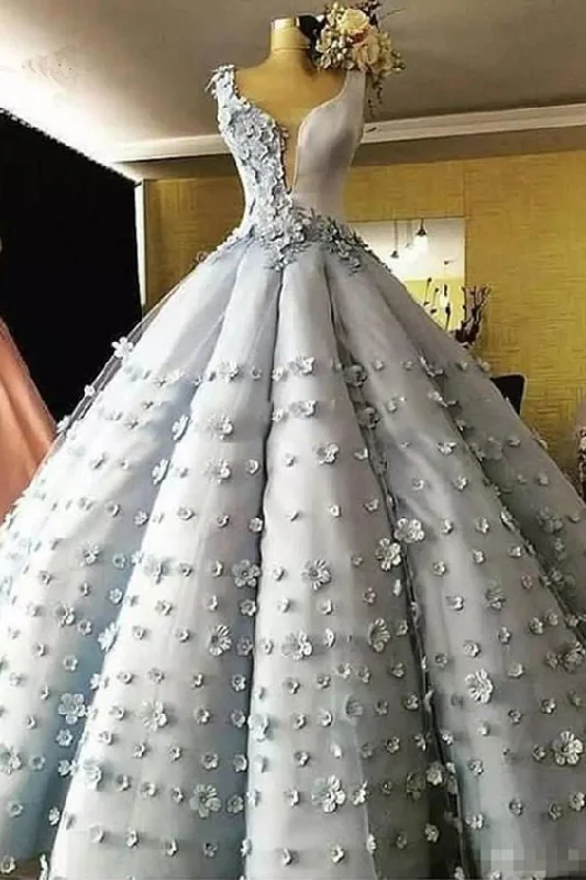 Gorgeous Ball Gown Sleeveless Floral Appliques Gray Quinceanera Prom Dresses Linen floral dresses