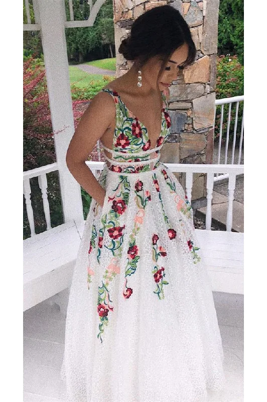 Elegant V-Neck Floral Embroidery Open Back Flower Prom Dresses With Pockets Cocktail floral dresses