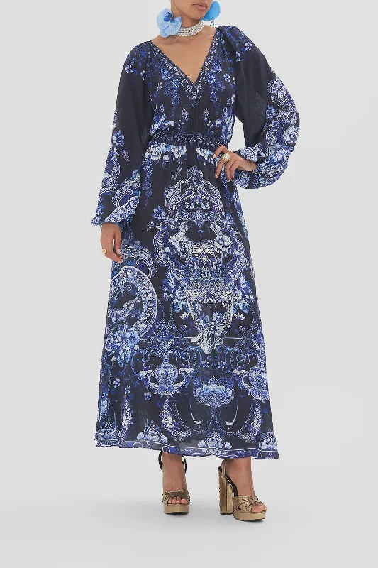 Raglan Shirred Waist Dress - Delft Dynasty Beach unclassified dresses