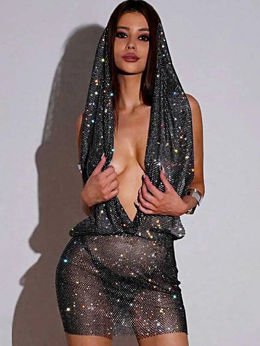 Rhinestone Cover Up Dress - Mesh Hooded Dress Winter unclassified dresses