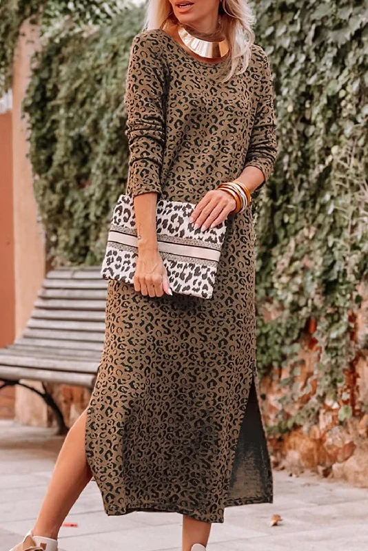 Round Neck Leopard Print Long Sleeve Slit Dress Vintage floral dresses