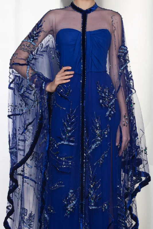 Royal blue jumpsuit with embroidered cape Earthy tone unclassified dresses