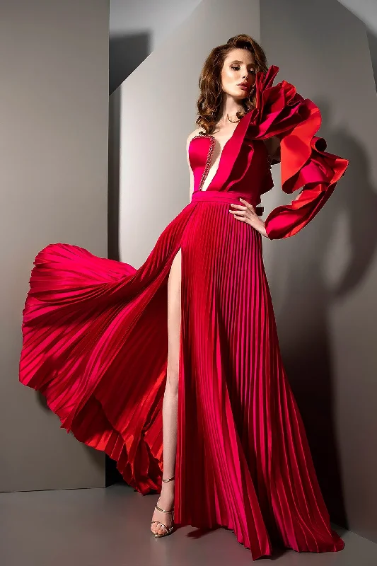 Ruffled oversized sleeve pleated gown High-low unclassified dresses