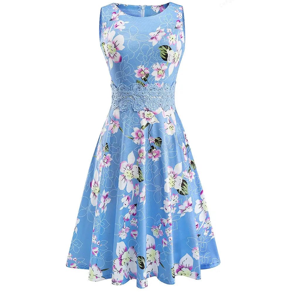 Vintage Light Blue Elegant Floral Swing Dress Tiered floral dresses