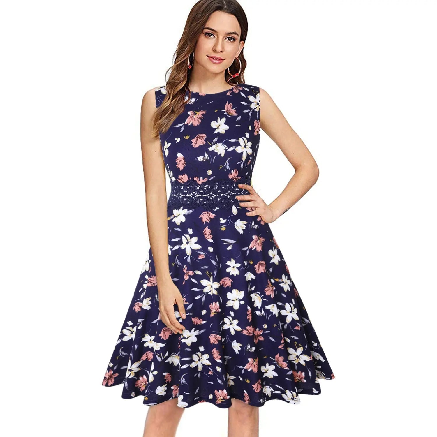 Vintage Navy Elegant Floral Swing Dress Halter floral dresses