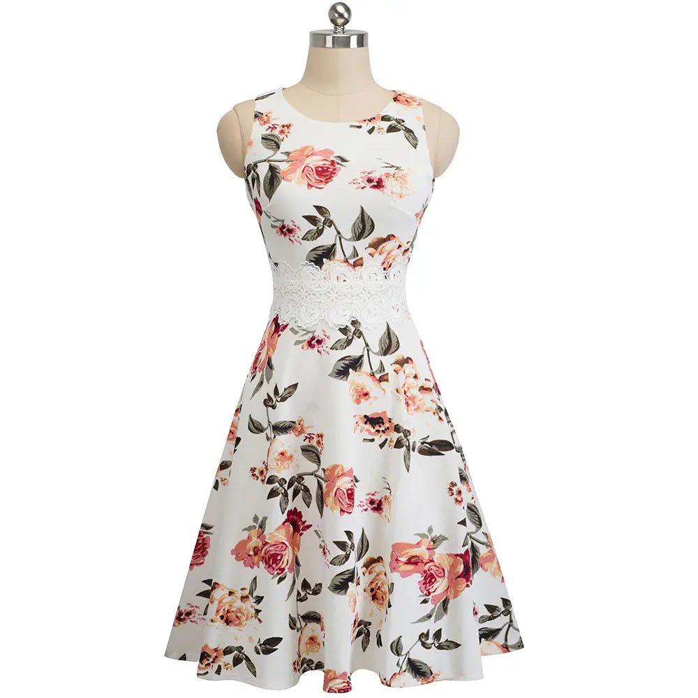 Vintage White Elegant Floral Swing Dress Outdoor floral dresses