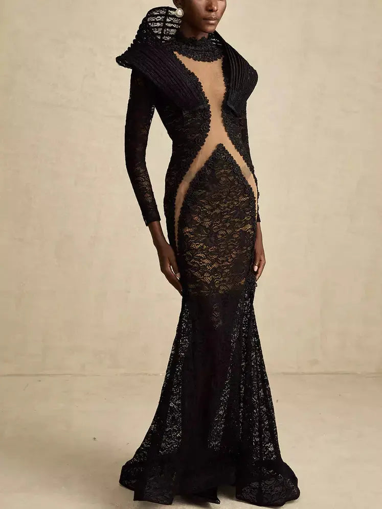 Black Lace Structured-Collar Split-Detailed Gown Lace Bodycon Dress