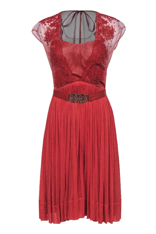 Catherine Deane - Burnt Orange Belted “Paige” A-Line Dress w/ Leather & Lace Bodice Sz 10 Lace Dress Sparkly