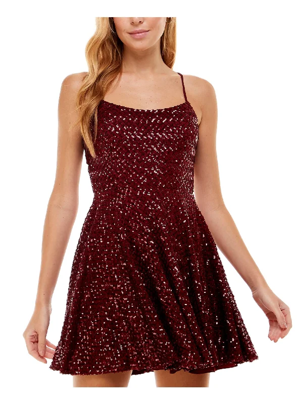 CITY STUDIO Womens Burgundy Stretch Sequined Zippered Lace-up Tie Back Padded Cups Spaghetti Strap Scoop Neck Short Party Fit + Flare Dress Romantic Lace Dress