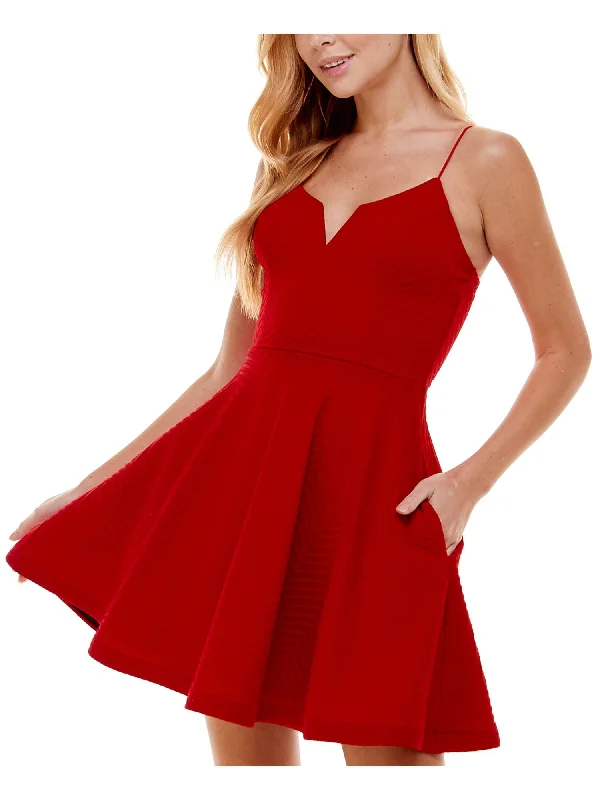 CITY STUDIO Womens Red Pocketed Zippered Lace Up Back Sleeveless V Neck Short Party Fit + Flare Dress Elegant Lace Gown