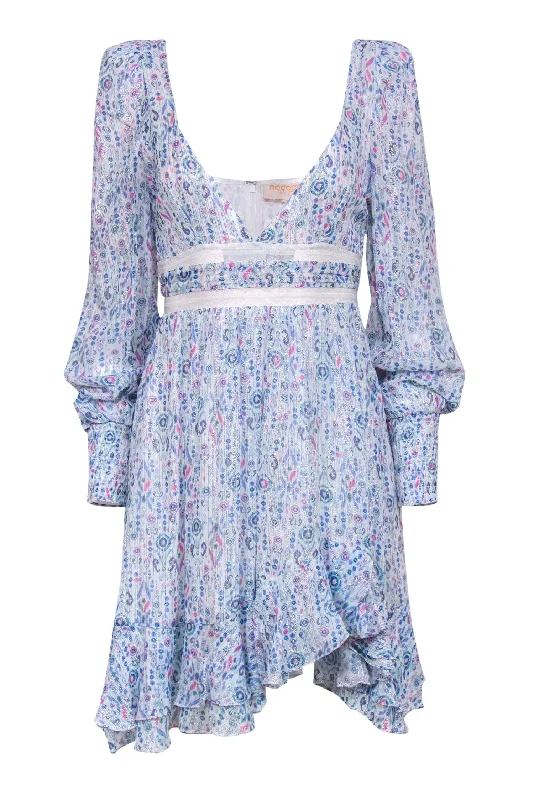 Rococo Sand - White, Blue & Pink Printed Metallic Dress w/ Lace Sz P Ruffled Lace Gown