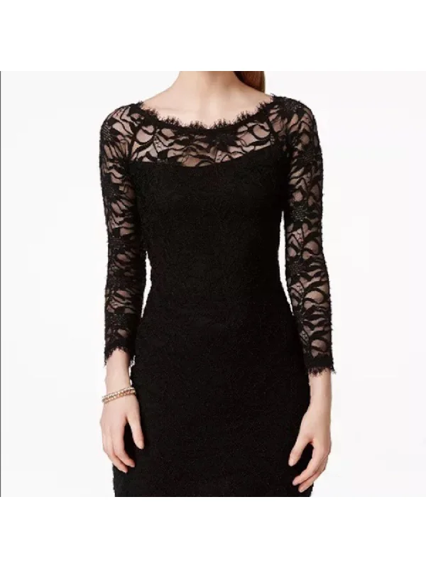 JUMP APPAREL Womens Black Lace Sheer Lined Fringed Long Sleeve Boat Neck Short Party Body Con Dress Lace Dress Casual