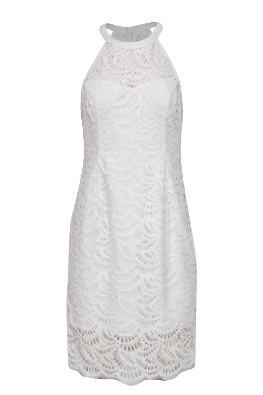 Lilly Pulitzer - White Lace Sleeveless “Kenna” Sheath Dress w/ Illusion Neckline Sz 4 Lace Dress Flare