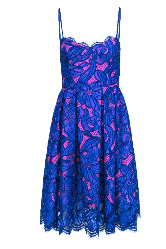 Lilly Pulitzer - Hot Pink & Blue Lace Pleated Fit & Flare Dress Sz 00 Lace Dress Style