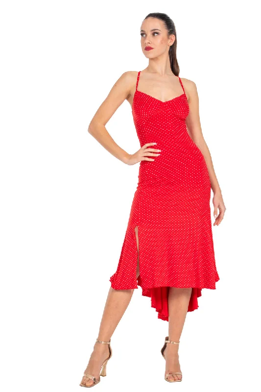 Red Polka Dot Lace-up Tango Dress With Tail Simple Lace Gown