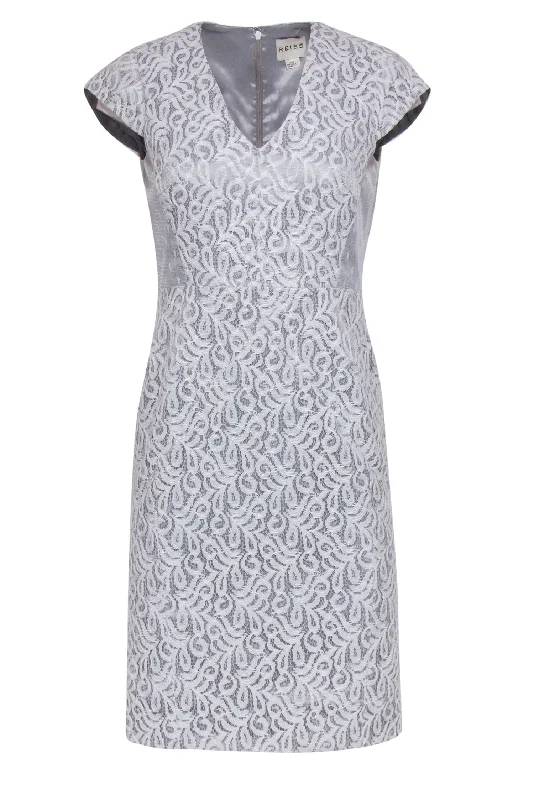 Reiss - Light Grey Lace Sheath Dress w/ Polka Dot Lace Paneling Sz 4 Lace Dress Classic