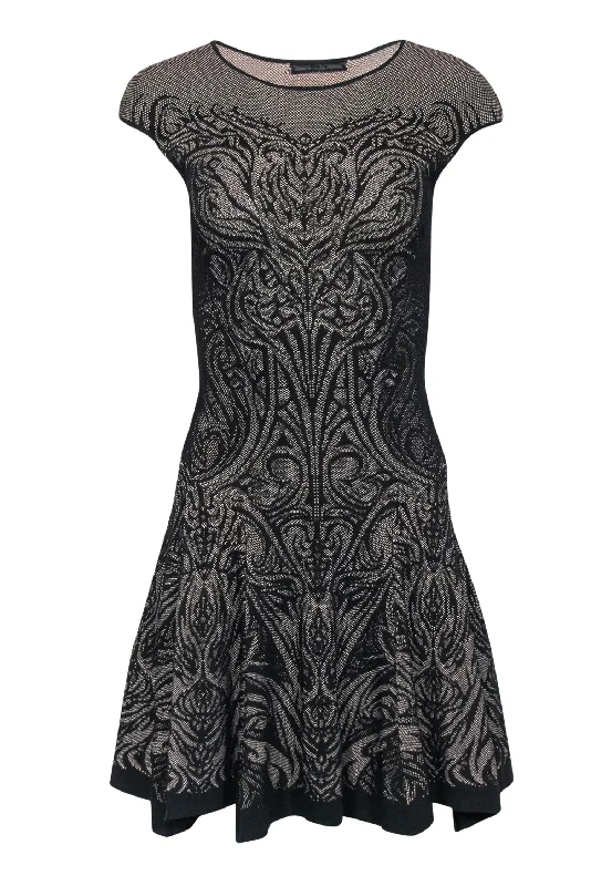 RVN - Black & Beige Lace Print Knit Drop Waist Dress Sz S Lace High Neck Dress