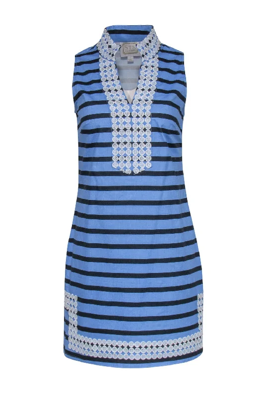 Sail to Sable - Light Blue & Navy Stripe Cotton Shift Dress w/ White Trim Lace Sz S Lace Dress Elegance