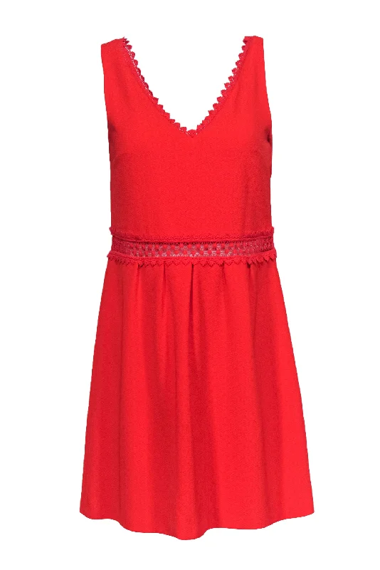 Sezane - Red V-Neck Dress w/ Lace Trim Sz 4 Elegant Lace Dress