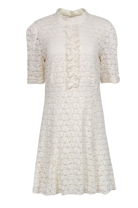 Shoshanna - Cream Lace Cropped Sleeve Dress w/ Ruffles Sz 12 Lace Dress Accent