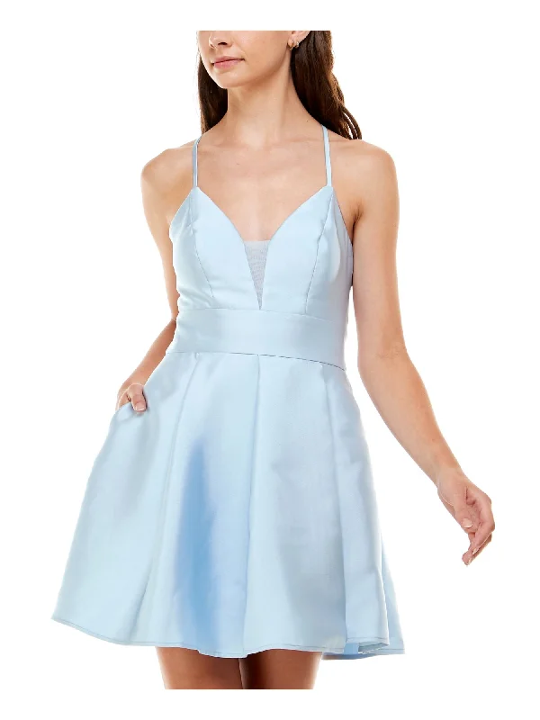 SPEECHLESS Womens Light Blue Pocketed Zippered Cut Out Lace Back Pleated Spaghetti Strap V Neck Short Party Fit + Flare Dress Lace Dress for Weddings