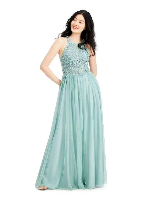 SPEECHLESS Womens Turquoise Embroidered Embellished Lace Gown Sleeveless Halter Full-Length Prom Dress Sleeveless Lace Dress