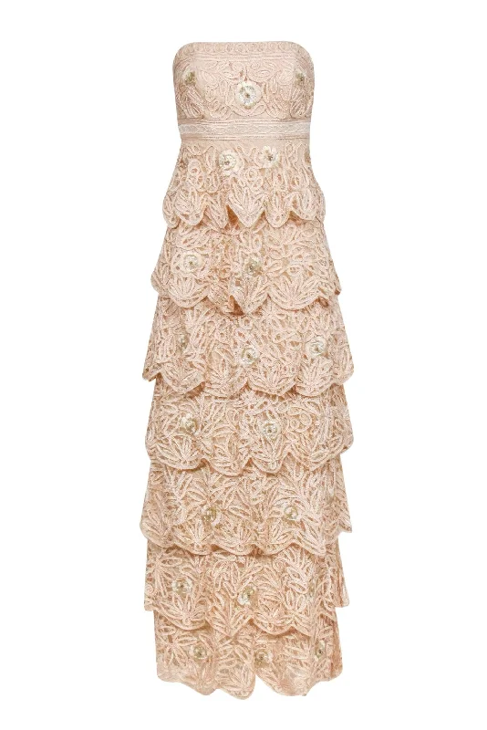 Sue Wong - Nude Embellished Lace Layer Strapless Gown Sz 0 Lace Detail Dress