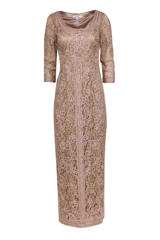 Sue Wong - Taupe Embroidered Lace Gown Sz 4 Lace Dress Vibe