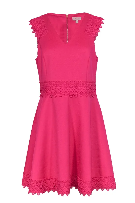 Ted Baker - Fuchsia Fit & Flare Neoprene Dress w/ Lace Details Sz 10 Lace Dress Shine