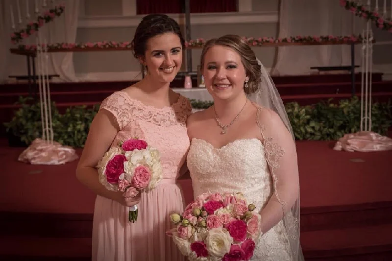 David's Bridal Long Bridesmaid Dress with Lace Bodice: Petal Pink Lace Shift Dress