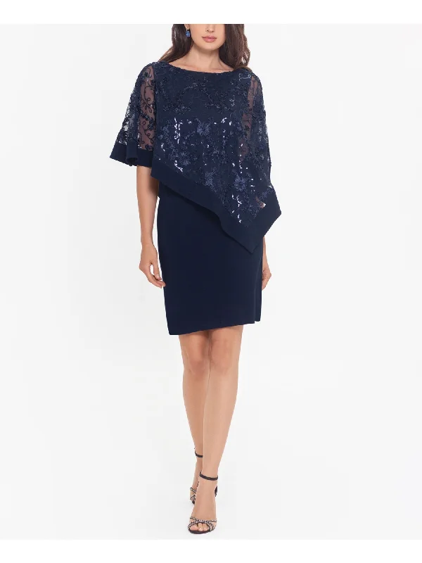 X BY XSCAPE Womens Navy Lace Fitted Floral Boat Neck Above The Knee Evening Sheath Dress Lace Dress Lookbook