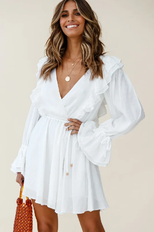 Adina Fluted Long Sleeve Frill Detail Dress White Trendy Maxi Skirt