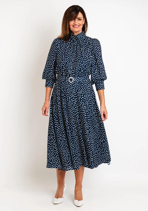 Claudia C Sofia Puff Sleeve Polka Dot Maxi Dress, Navy Pleated Maxi Skirt