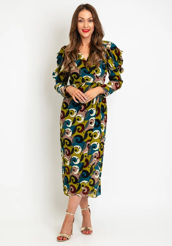 Exquise Abstract Print Maxi Dress, Olive Green Multi Satin Maxi Skirt