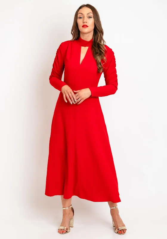 Exquise Ruched Sleeve A-Line Maxi Dress, Red Tulle Maxi Skirt