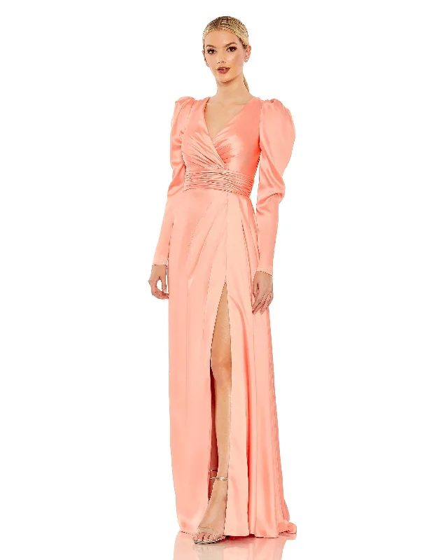 Faux Wrap Long Sleeve A Line Gown Front Slit Skirt