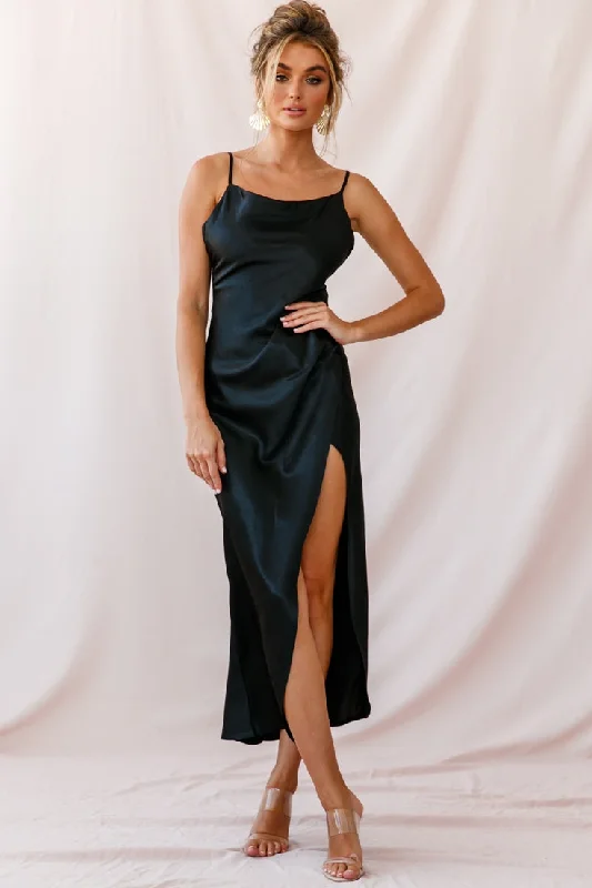 Hey Girl Long Satin Cowl Neck Dress Black Fitted Maxi Skirt