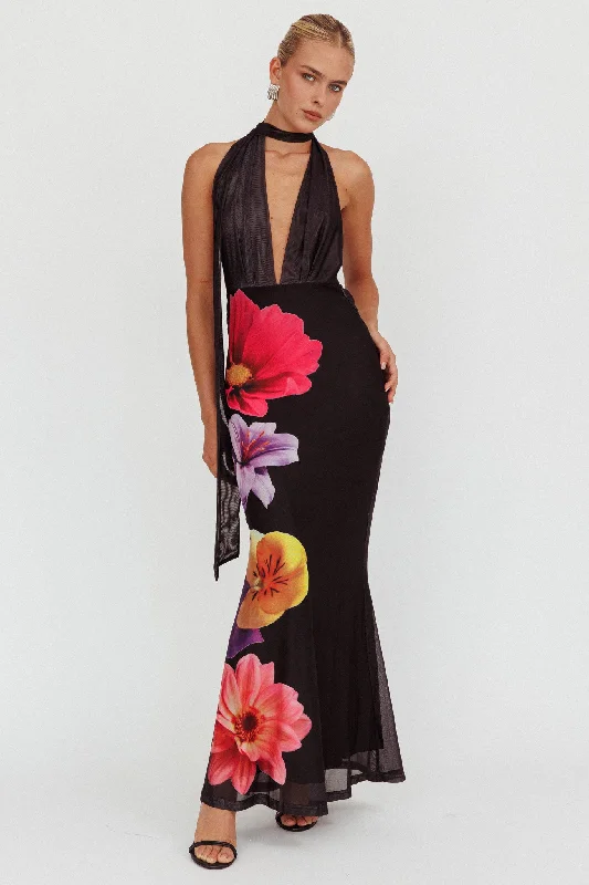 Italia Azure Halterneck Maxi Dress Flowers Black Maxi Skirt Chic