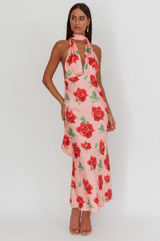 Italia Azure Halterneck Maxi Dress Rose Comfortable Maxi Look