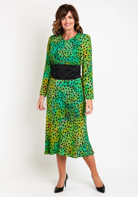 Kameya Belted Waist, Polka Dot Print Maxi Dress, Green Ruffle Long Maxi