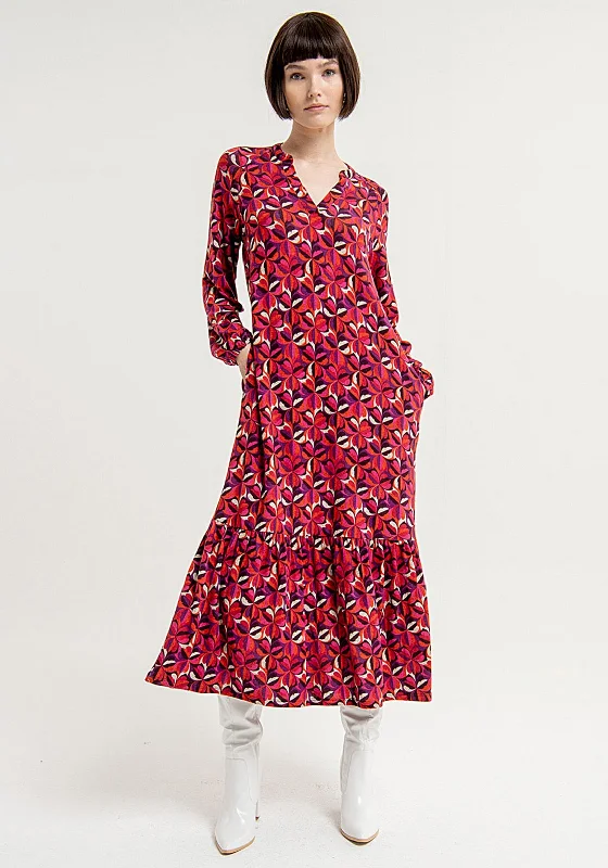 Surkana Flower Pattern, Frill Hem Maxi Dress, Red Elegant Maxi Skirt