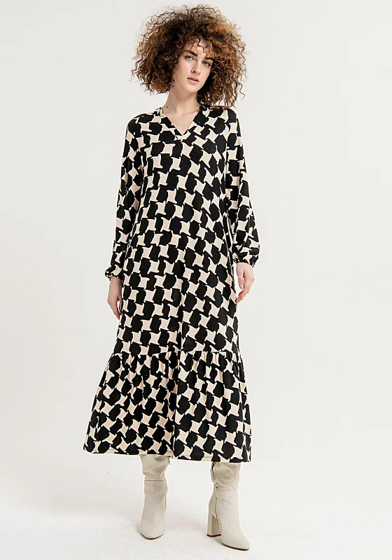 Surkana Houndstooth Print, Frill Hem Maxi Dress, Black Ruffle Long Maxi