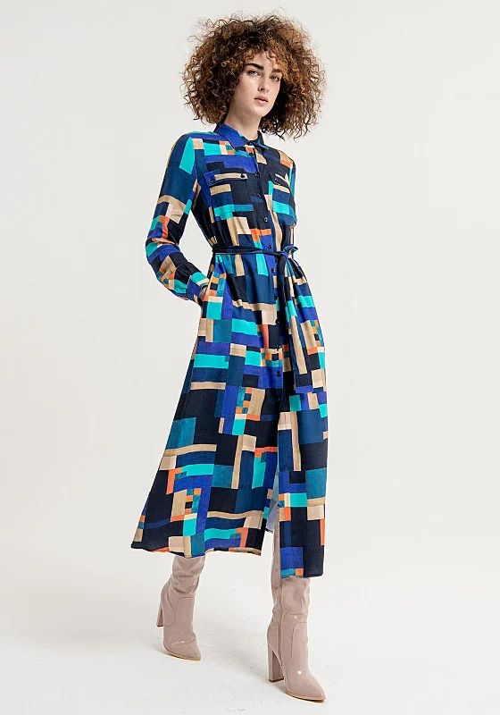 Surkana Abstract Print Shirt Maxi Dress, Blue Comfortable Long Skirt