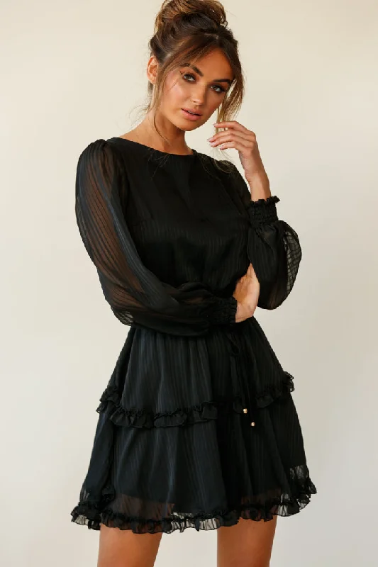 Mildred Long Sleeve Shirred Waist Frill Dress Black Midi Maxi Skirt