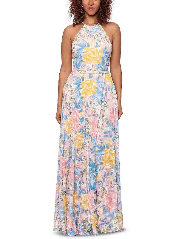 Petites Womens Floral Halter Maxi Dress Soft Flow Maxi