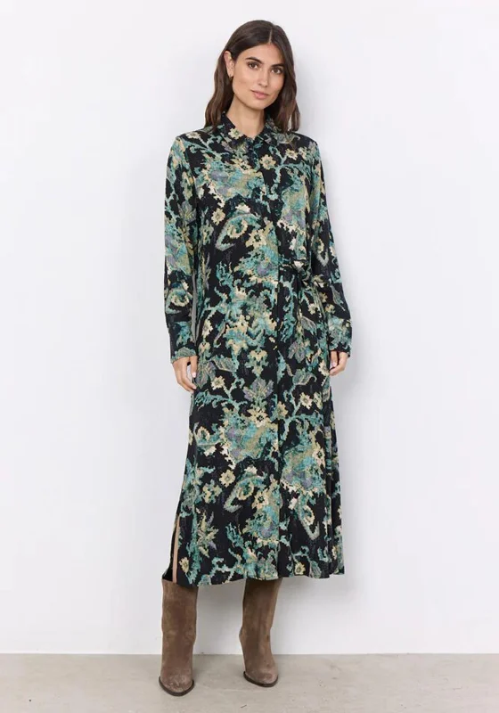 Soyaconcept Takari Abstract Ornate Maxi Shirt Dress, Dark Green Printed A-line Maxi