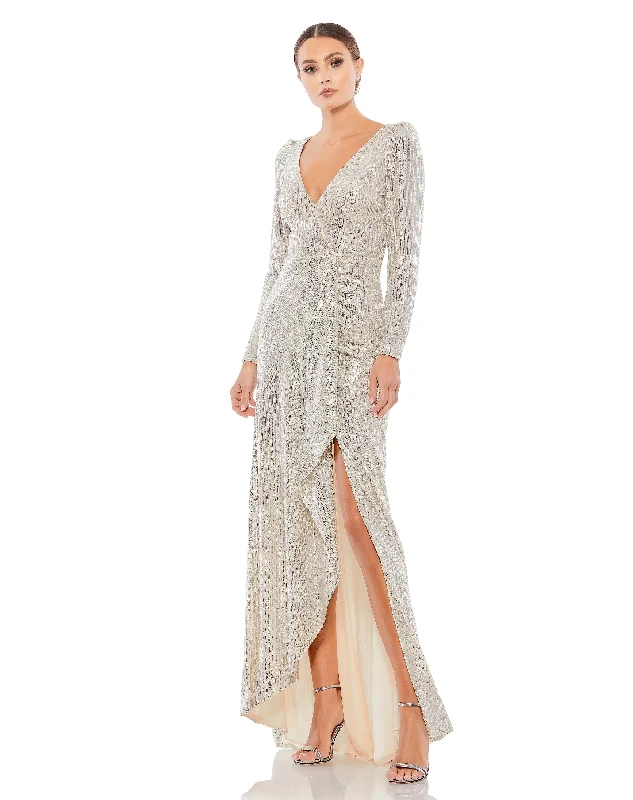 Sequined Faux Wrap Long Sleeve Gown Boho Maxi Skirt