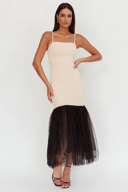 Tomie Tulle Hem Maxi Dress Beige Combo Long Boho Skirt