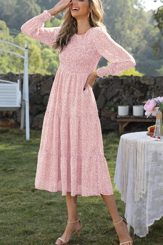 Round Neck Lantern Sleeve Midi Dress High-Waisted Midi Skirt