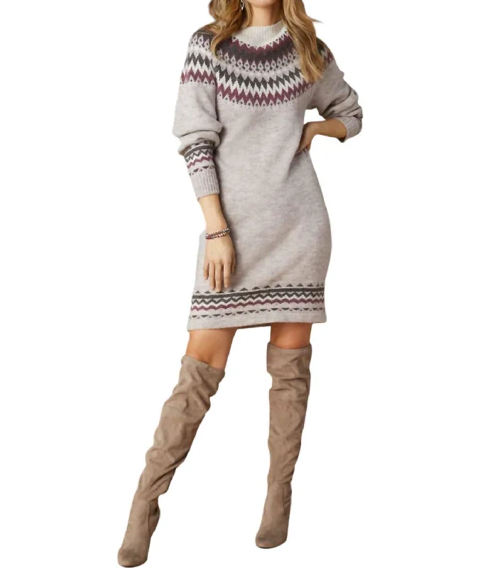 Fair Isle Sweater Dress In Taupe/cream/wine Knitted Sweater Dress